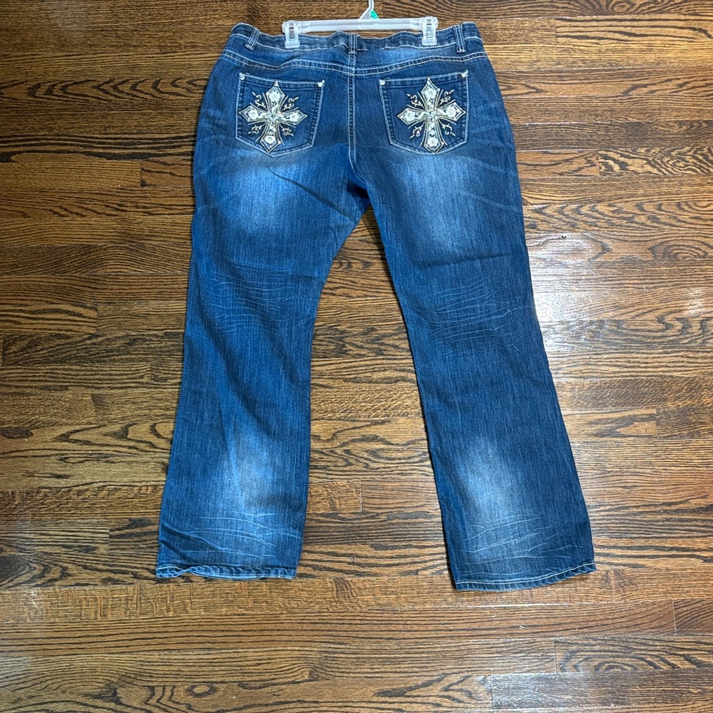 Love Indigo Blue Boot Cut Jeans with Embellished Pockets
